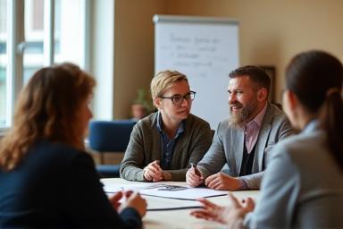 Group of people practicing English conversation in a training setting