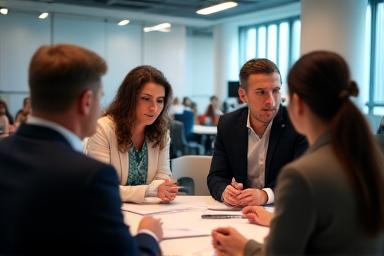 Workshop setting with participants practicing interview scenarios